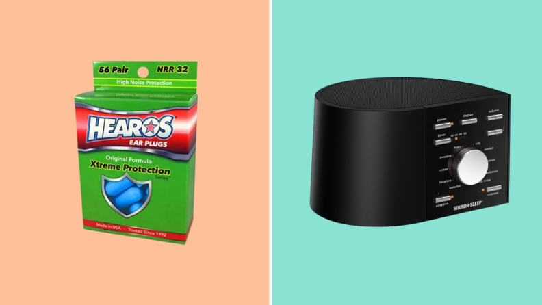Box of earplugs and a noise machine against peach and teal backgrounds