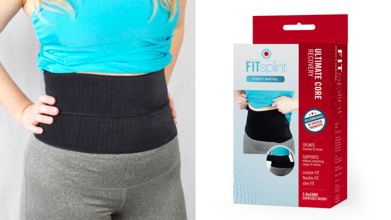 A person wearing the Post-Natal FIT splint and its packaging.