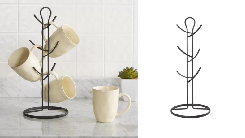 A wire mug tree holding white mugs