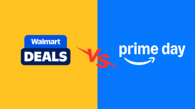 Split-screen graphic comparing Walmart Deals and Prime Day with a "vs" in the center, representing the Walmart Prime Day shopping showdown.
