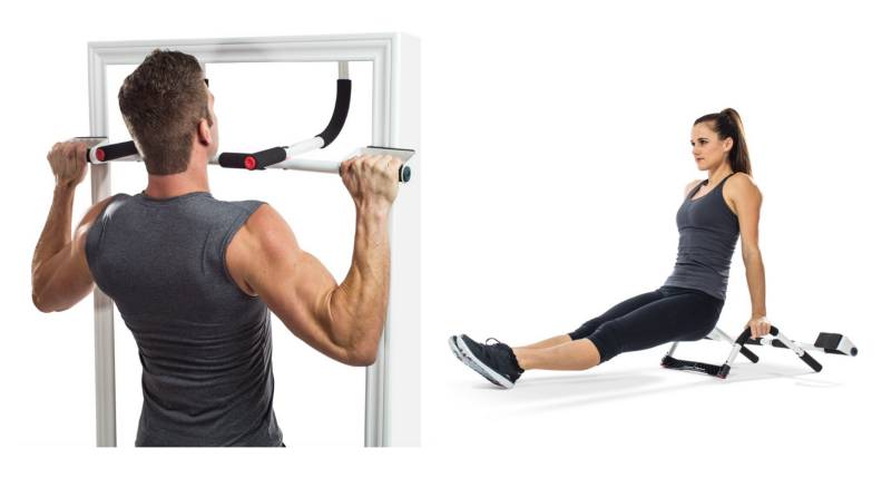 A man doing pull-ups and a woman doing tricep dips.