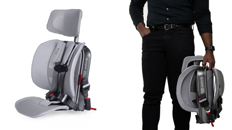 On the left: a grey car booster seat. On the right: a man holding a folded up seat.