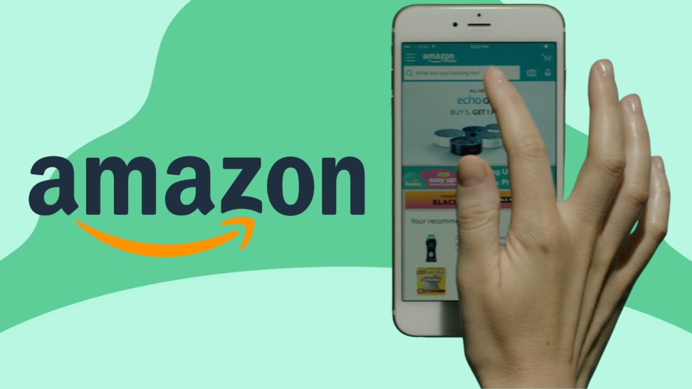 A person's hand navigates the Amazon app on a cell phone.