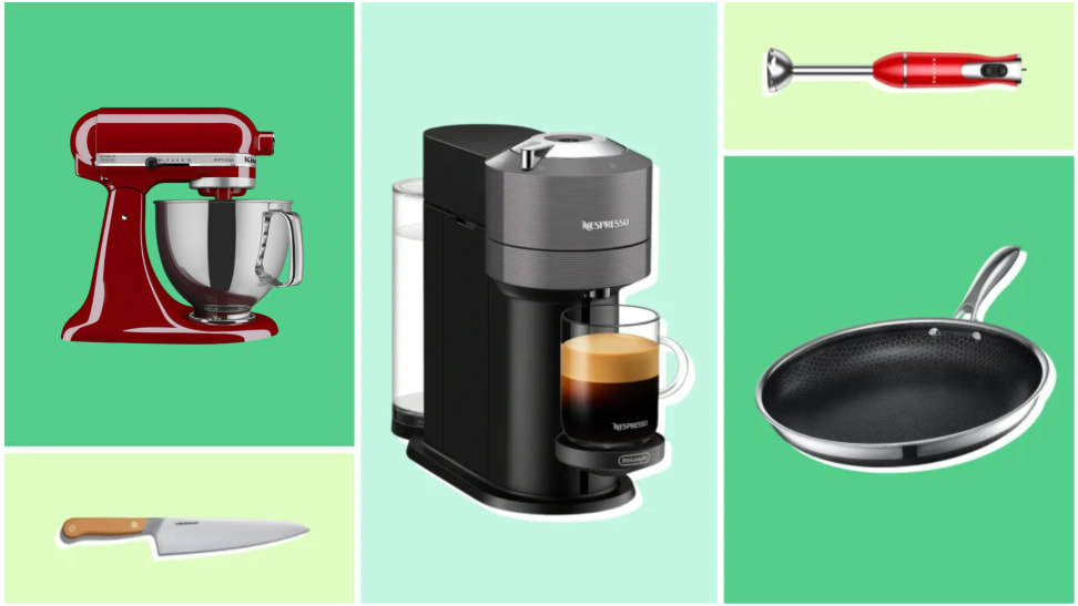 A selection of the best kitchen gifts including a Hedley & Bennett Chef's Knife, a Nespresso coffee maker, HexClad pan, and a Galanz Immersion Blender on a green background.