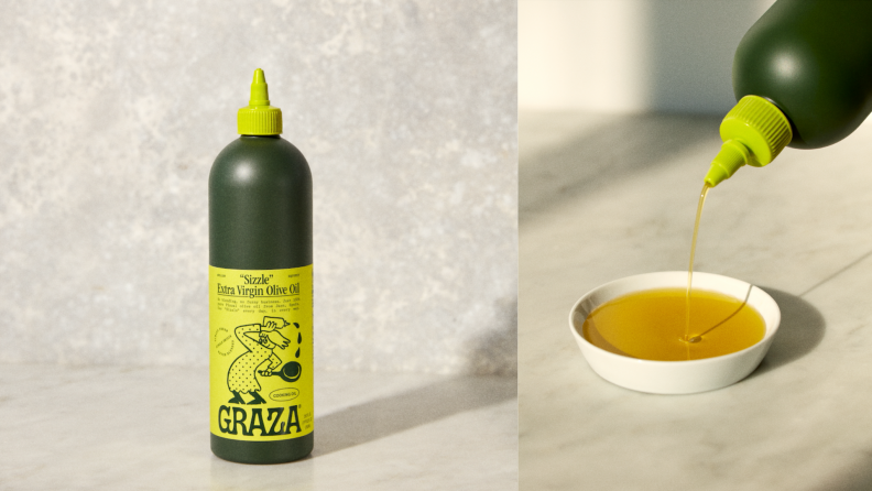 Two shots of Graza's Sizzle Olive Oil.