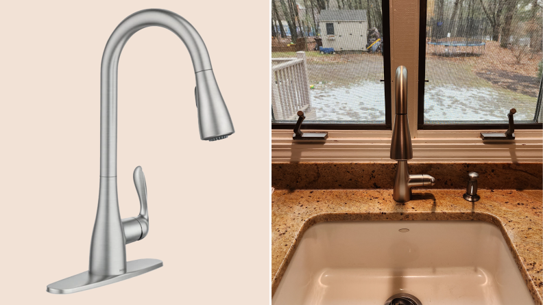 On left, product shot of the stainless Moen Georgene Kitchen Faucet. On right, front facing shot of the Moen Georgene Kitchen Faucet in front of kitchen window.