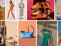 Grid with women's apparel, sandals, blue purse, green and orange dresses.