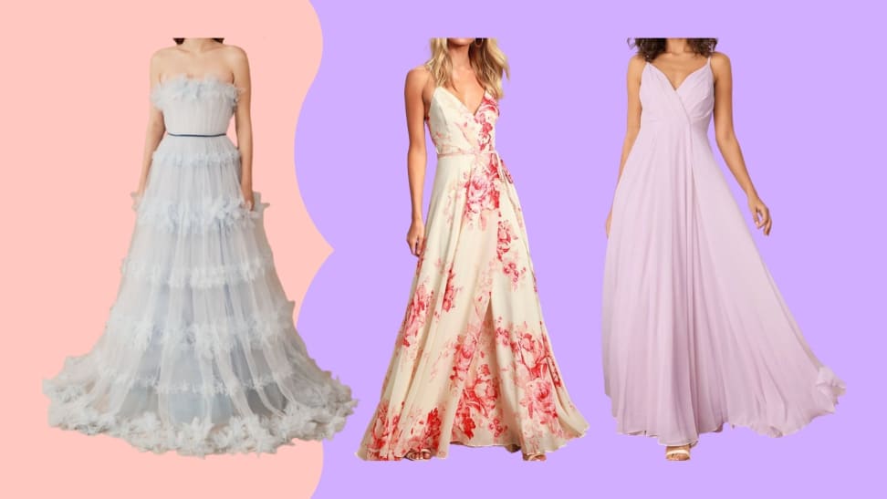 A blue flowy tiered dress, white and pink floral dress, and Sleeveless lavender dress.