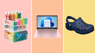 A collage of on-sale Walmart products, including a Ninja air fryer, a Croc, and a HP laptop.