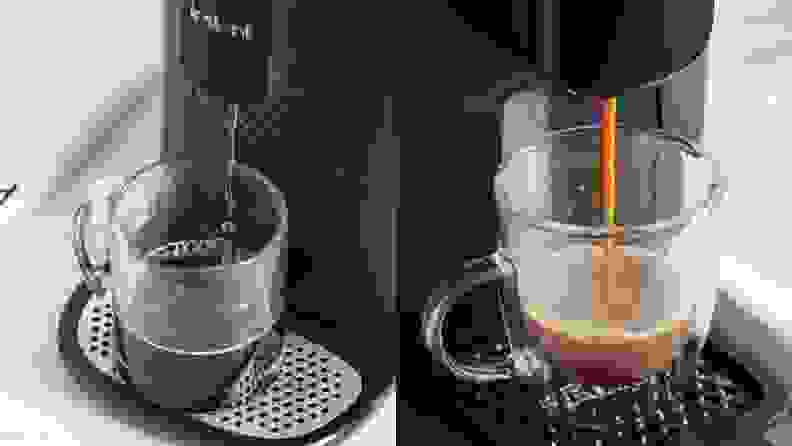 Two cups of coffee being brewed with the Instant Dual Pod Plus Coffee Maker.
