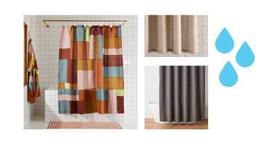 Three shower curtains in bathroom settings tiled on a single image