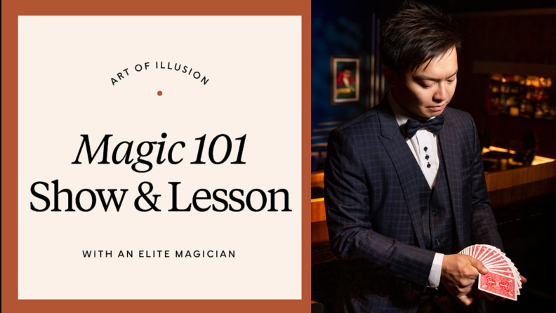 On left, cover of virtual magic lesson. On right, person in suit fanning out deck of cards in hand.