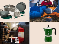 在左上角的户外炊具上，右上角是露营地的便携式炉子，上面有一个水壶;左下角，一个人在户外的后挡板上研磨和准备咖啡;右下角是一个绿色的Bialetti moka壶。