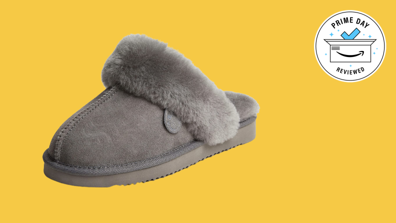 Gray fluffy slippers.