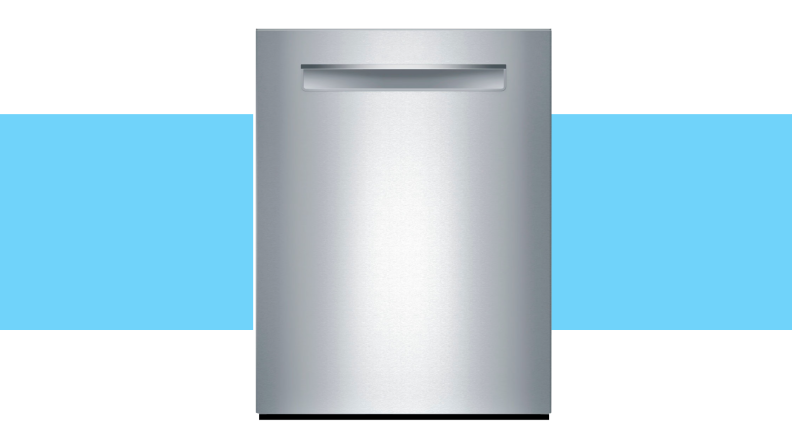 Stainless steel dishwasher on blue background