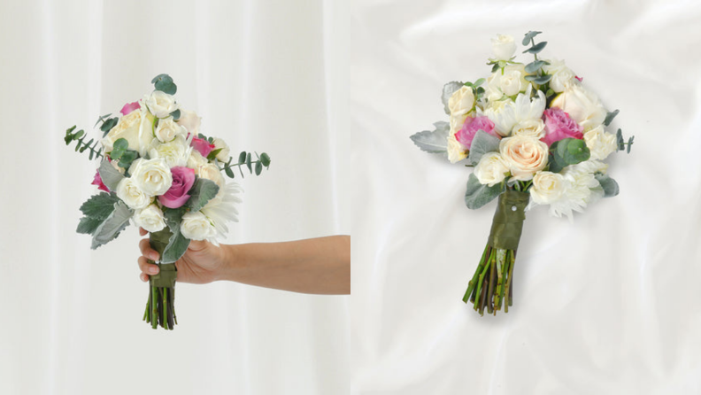 On left, hand holding bouquet of white roses. On right, bouquet of white and pink roses.