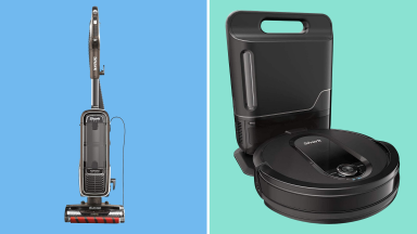 On the left is a Shark vacuum cleaner, called the Shark Apex upright vacuum. To the right is the Shark IQ robot vacuum.