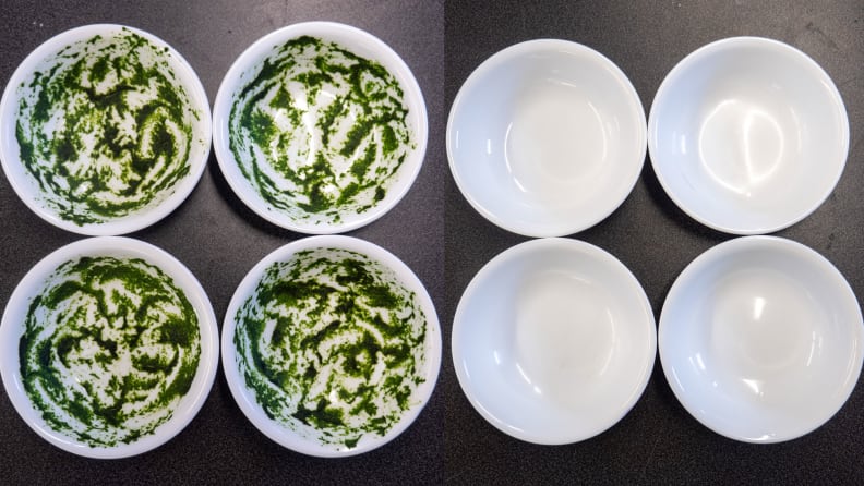 Four dirty dishes before and after being washed.