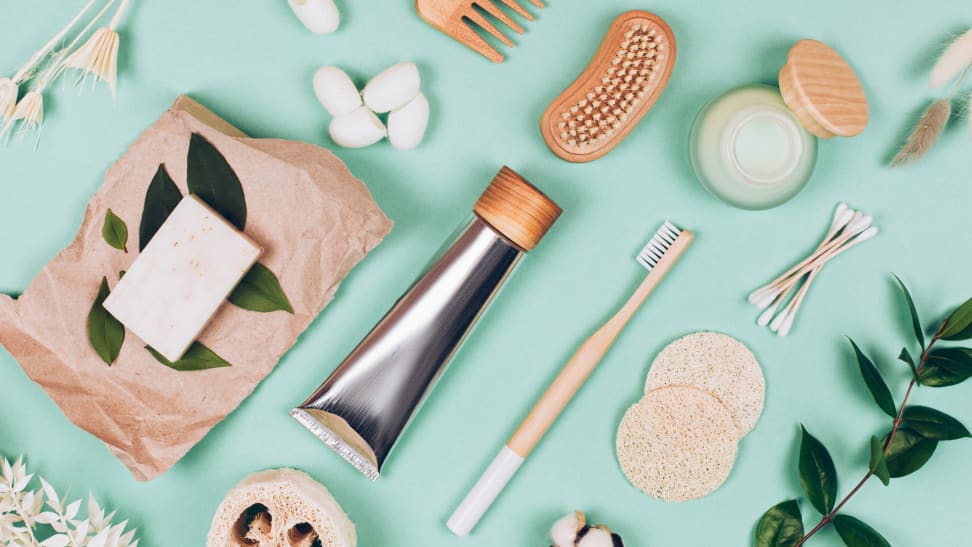 These eco-friendly products against a mint green background could be B Corp products worth shopping.