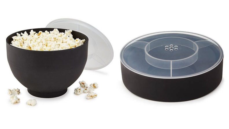 On left, product shot of filled Collapsible Popcorn Popper from Uncommon Goods. On right, collapsed popcorn popper from Uncommon Goods