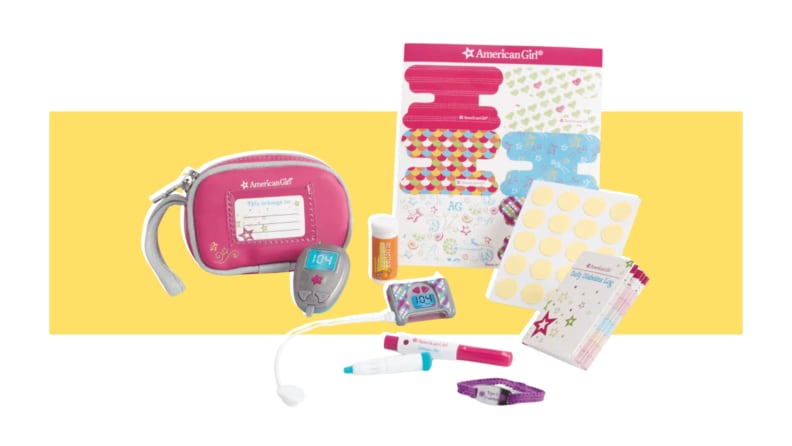 An American Girl Diabetes Care Kit on a yellow background.