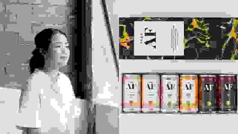 Left: Black and white photo of founder Lisa King. Right: opened packaging of Free AF canned cocktails