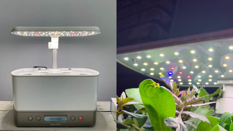AeroGarden's Harvest Elite unit and its LED grow lights have a futuristic vibe