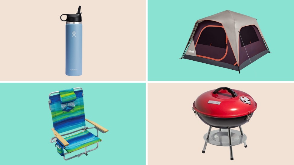 A colorful collage with a chair, tent, grill, and water bottle.