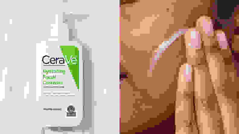 On the left: A white pump bottle of cleanser. On the right: A closeup on a person's face as their hands spreads cleanser onto the skin.