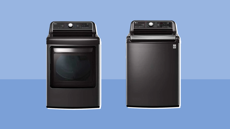 a black washing machine and a black dryer sit on a blue background