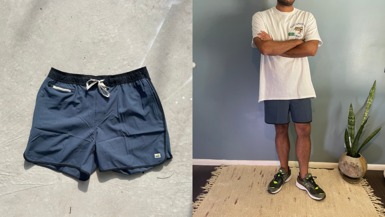 blue 5-inch inseam Banks shorts by Vuori, man with arms crossed wearing white T-shirt and 5-inch inseam Vuori shorts