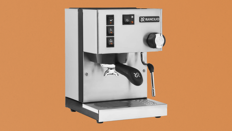 Rancilio Silvia espresso maker on brown paper-like background