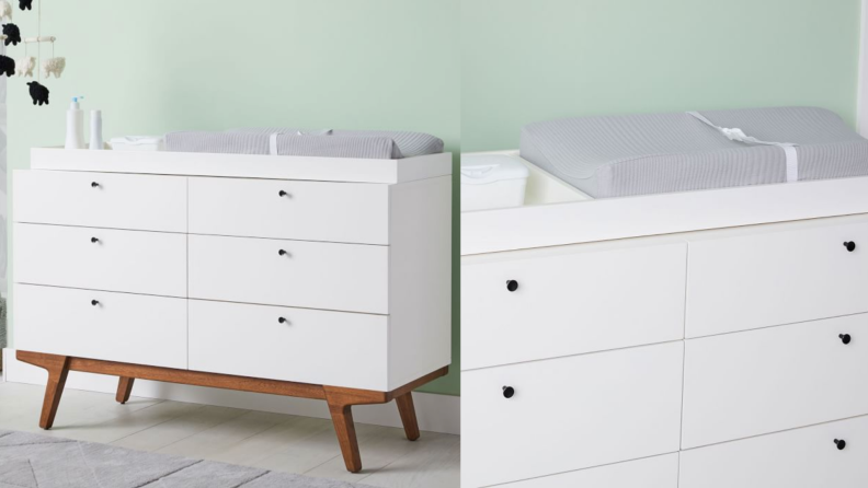 On left, white 6-drawer changing table in a baby room painted green, next to baby mobile. On right, close up shot white 6-drawer changing table with gray changing cushion on top.