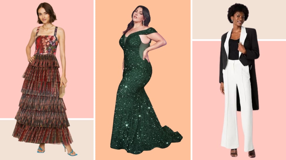 A tiered printed dress, a green sparkling mermaid silhouette gown, and a tuxedo with tails.