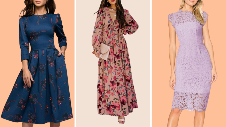 Collage image of a blue printed dress, a pink maxi dress, and a lavender knee-length dress.
