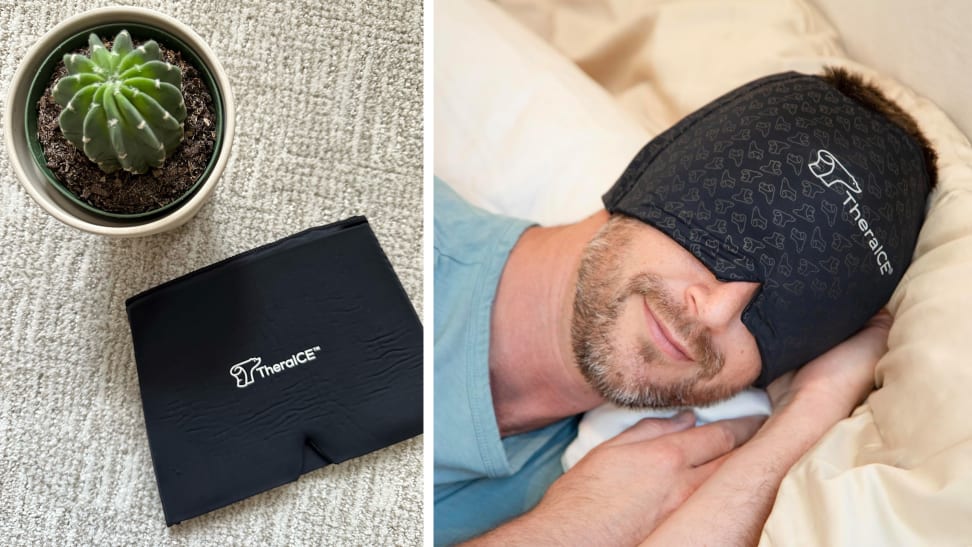 On left, a black TheraIce cap next to potted cactus plant on top of fabric surface. On right, person resting in bed while wearing a black TheraIce cap on head and over eyes.