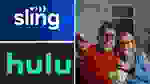The logos for Sling TV and Hulu next to a couple watching TV.