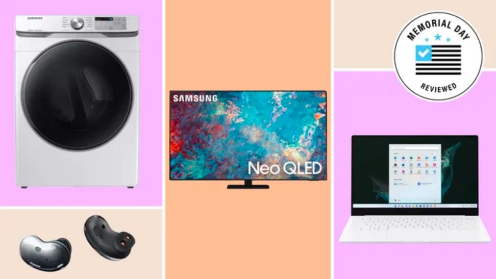 Samsung front load washer, TV, earbuds and laptop shown in a collage.