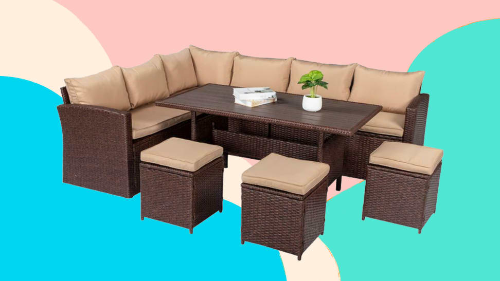 An image of a rattan brown patio furniture set on a color-block background of blue, green, cream and pink.