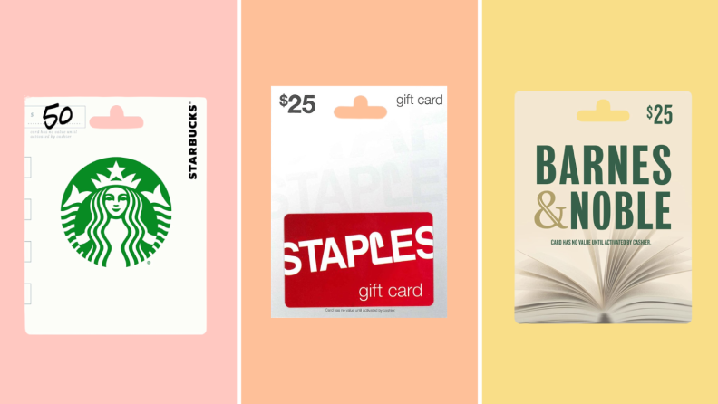Starbucks gift card against pink background ; Staples gift card against peach backgtound / Barnes & Noble gift card against yellow background