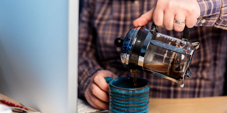 A desk-sized french press coffee maker