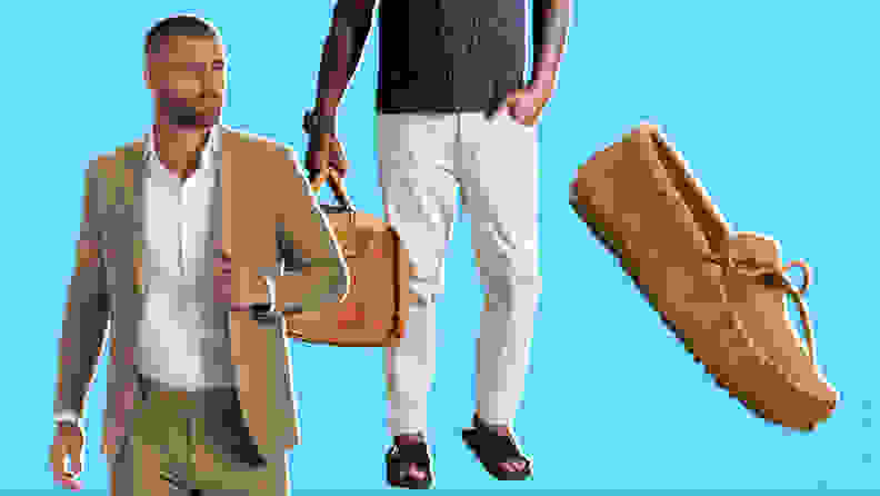 A man wearing a tan suit, a tan pair of mocassins, and a model wearing a pair of white jeans.