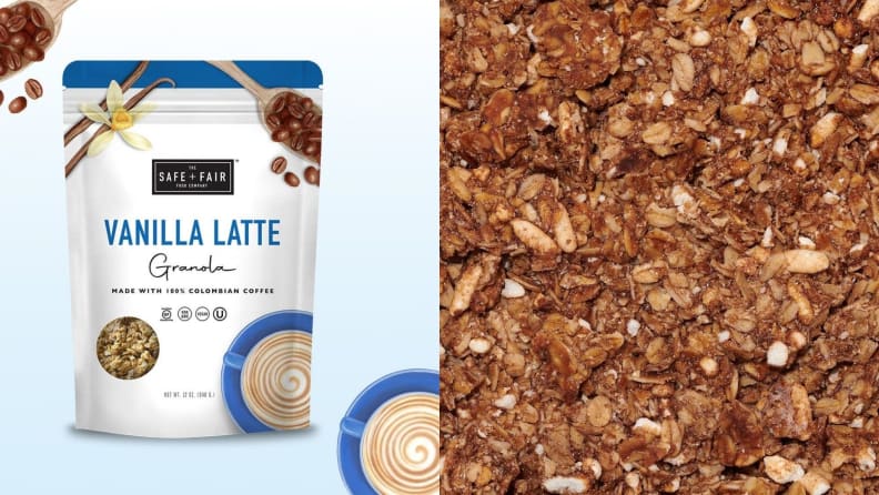Left: A bag of Vanilla Latte Granola against a white background accompanied by coffee beans. Right: Close-up photo of granola.