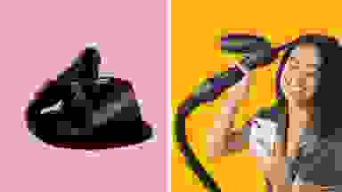 On the left: The RevAir hair dryer on a pink background. On the right: A person with coily hair smiling at her phone in one hand while using the RevAir dryer on her hair with the other.