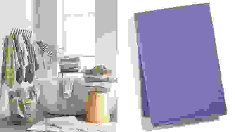 A split image: On the left, a small bathtub is surrounded by artfully folded towels. On the right, a blue towel is folded neatly.