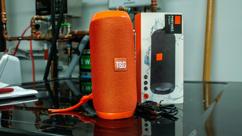 The T&G Bluetooth speaker next to its box