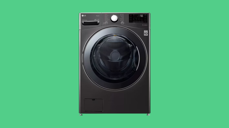 An LG Washer / Dryer sits on a green background.