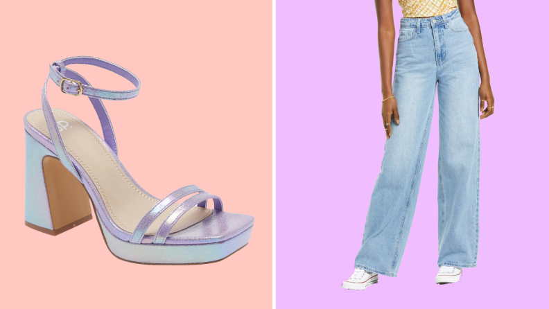 An image of a single lilac holographic shoe with a chunky heel, next to a model in a pair of pale denim wide leg jeans.