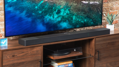 The LG S95TR soundbar sitting right below a flatscreen displaying an ocean.