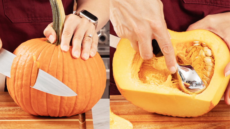 On the left: A person cutting into a small pumpkin and on the rights, a person using an ice cream scooper to take out the pumpkin seeds inside the pumpkin.